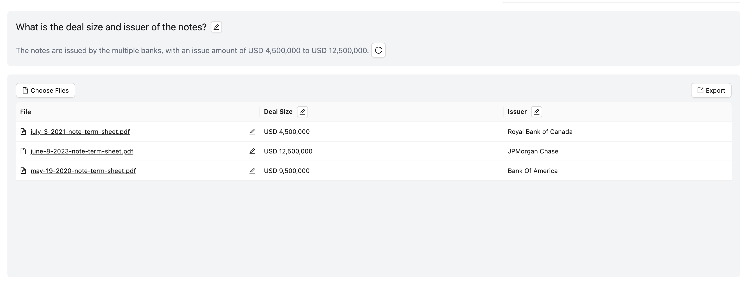 document table with generated data